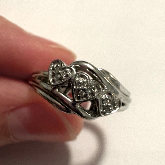 Vintage Three Heart Diamond Ring 925 Silver - Picture 2 of 4